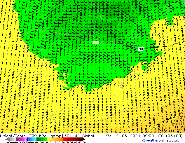 Geop./Temp. 700 hPa UK-Global mié 12.06.2024 09 UTC