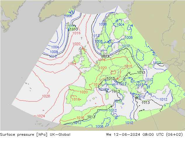 Surface pressure UK-Global We 12.06.2024 08 UTC