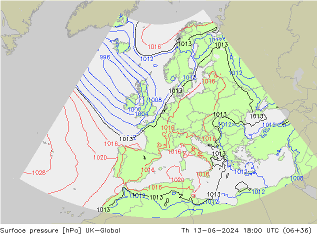 Pressione al suolo UK-Global gio 13.06.2024 18 UTC