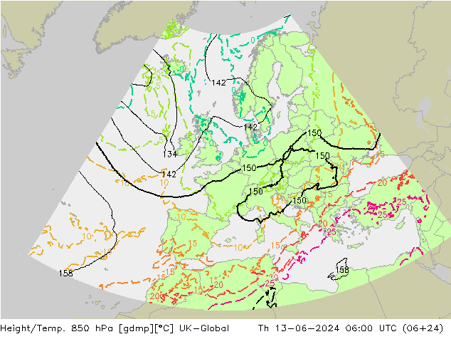 Height/Temp. 850 hPa UK-Global Th 13.06.2024 06 UTC