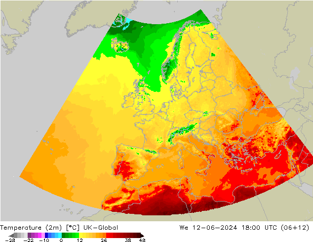 Temperature (2m) UK-Global St 12.06.2024 18 UTC