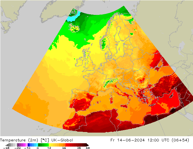 Temperature (2m) UK-Global Fr 14.06.2024 12 UTC