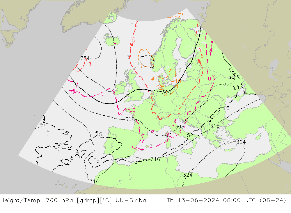 Height/Temp. 700 hPa UK-Global 星期四 13.06.2024 06 UTC