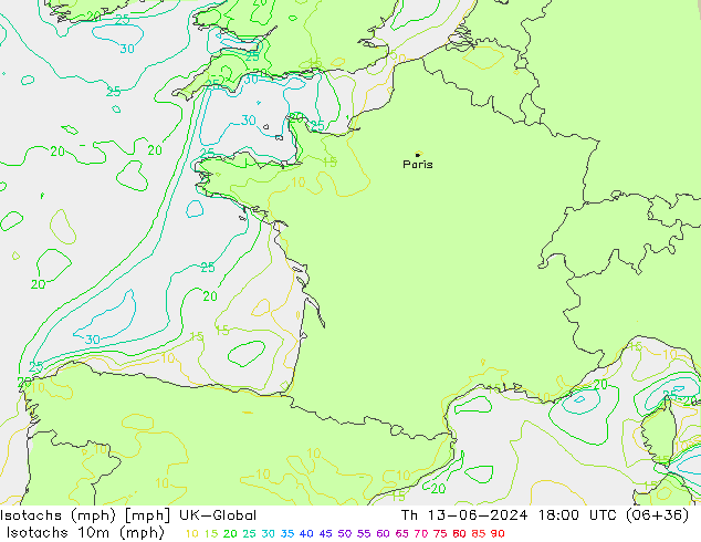 Isotachs (mph) UK-Global Th 13.06.2024 18 UTC