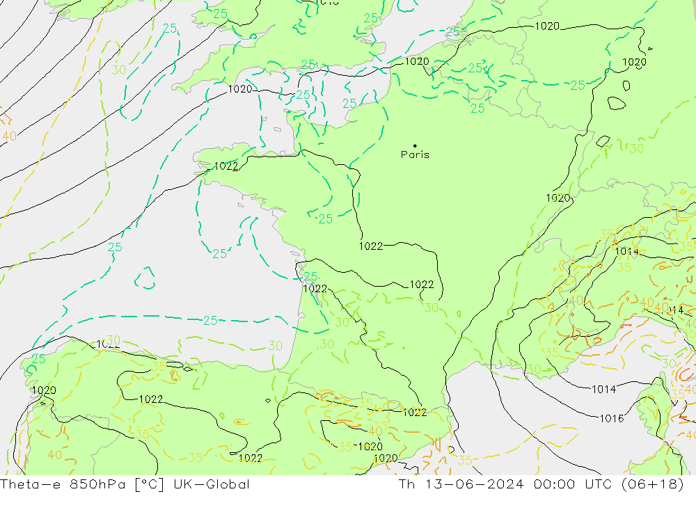 Theta-e 850hPa UK-Global Do 13.06.2024 00 UTC