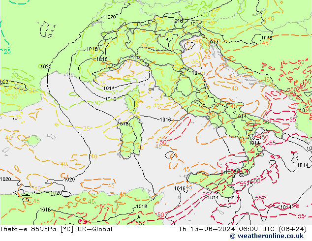 Theta-e 850hPa UK-Global Qui 13.06.2024 06 UTC