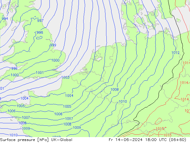 Pressione al suolo UK-Global ven 14.06.2024 18 UTC