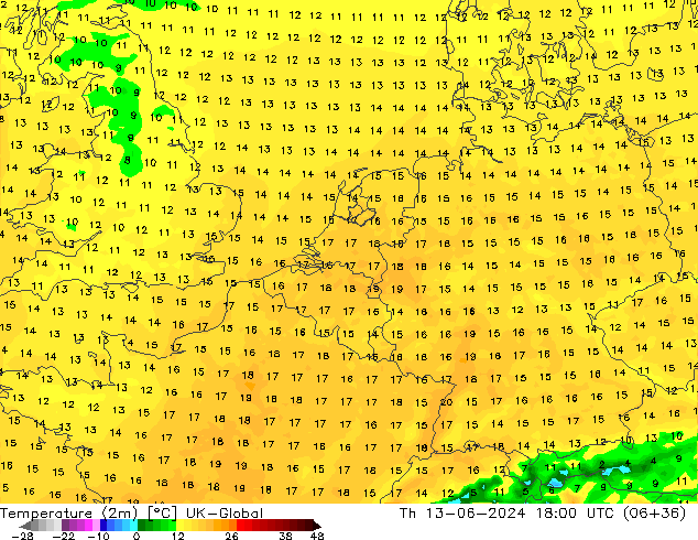 Temperaturkarte (2m) UK-Global Do 13.06.2024 18 UTC