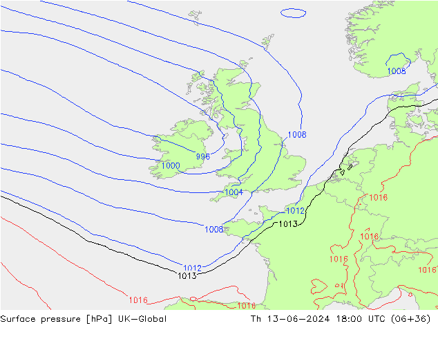 Surface pressure UK-Global Th 13.06.2024 18 UTC