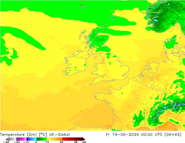Temperatuurkaart (2m) UK-Global vr 14.06.2024 00 UTC