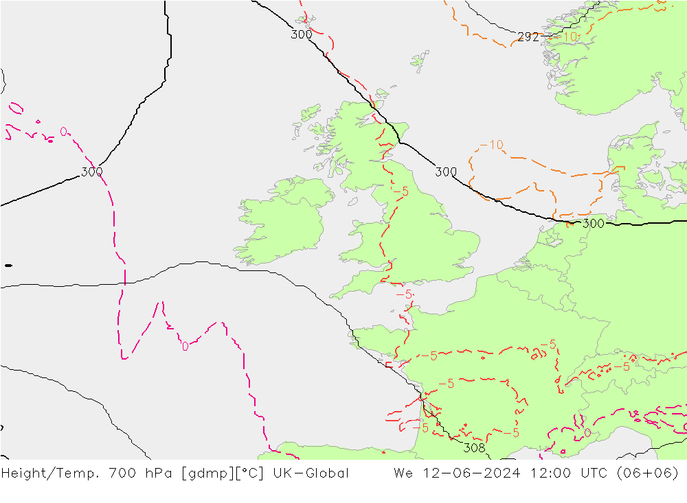 Height/Temp. 700 hPa UK-Global mer 12.06.2024 12 UTC