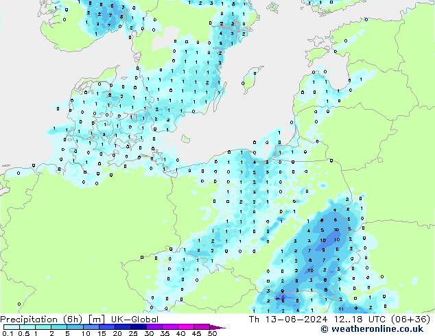 Yağış (6h) UK-Global Per 13.06.2024 18 UTC