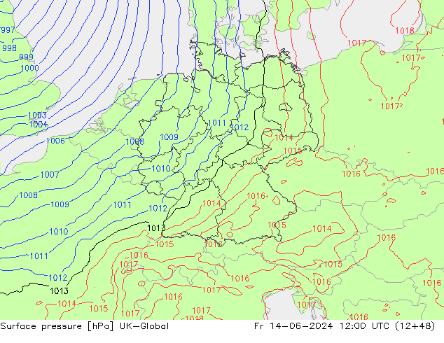 Pressione al suolo UK-Global ven 14.06.2024 12 UTC