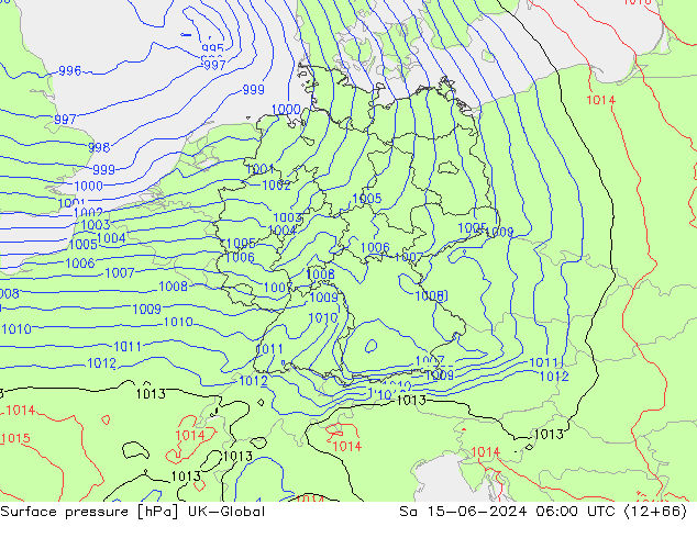 Pressione al suolo UK-Global sab 15.06.2024 06 UTC