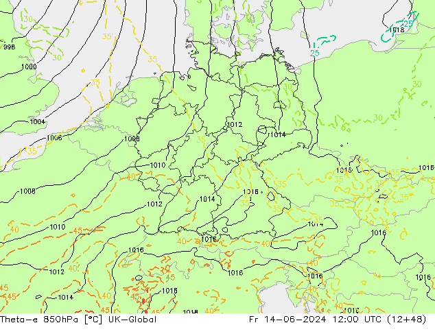 Theta-e 850hPa UK-Global Fr 14.06.2024 12 UTC