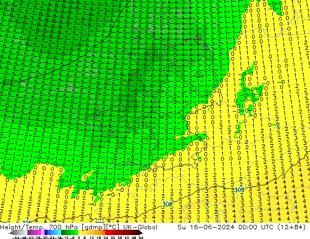 Height/Temp. 700 hPa UK-Global Su 16.06.2024 00 UTC