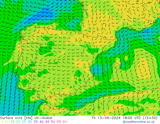 Surface wind UK-Global Th 13.06.2024 18 UTC