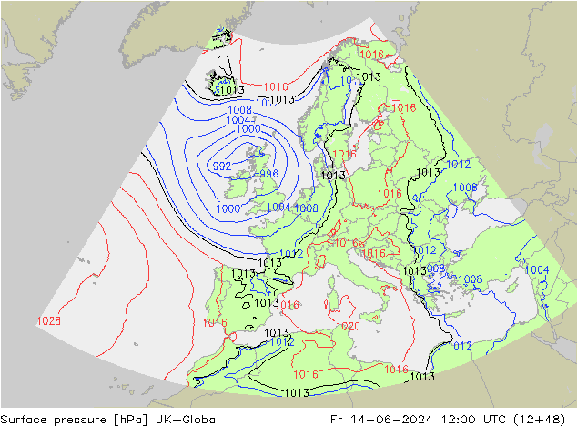 Pressione al suolo UK-Global ven 14.06.2024 12 UTC