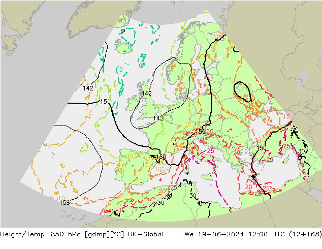 Height/Temp. 850 hPa UK-Global Mi 19.06.2024 12 UTC