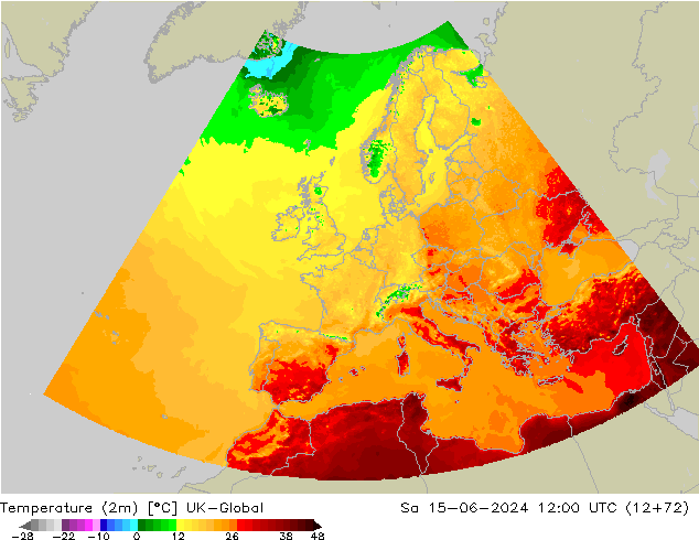 Temperatuurkaart (2m) UK-Global za 15.06.2024 12 UTC