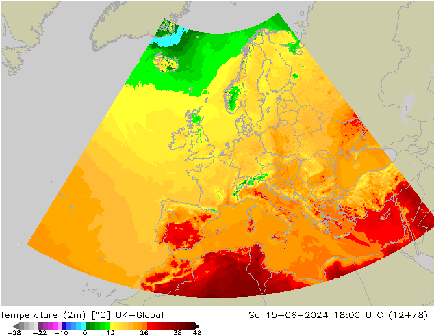 Temperaturkarte (2m) UK-Global Sa 15.06.2024 18 UTC