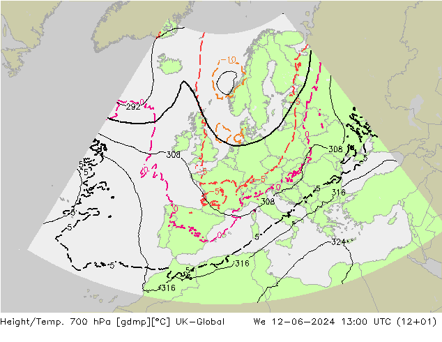 Geop./Temp. 700 hPa UK-Global mié 12.06.2024 13 UTC