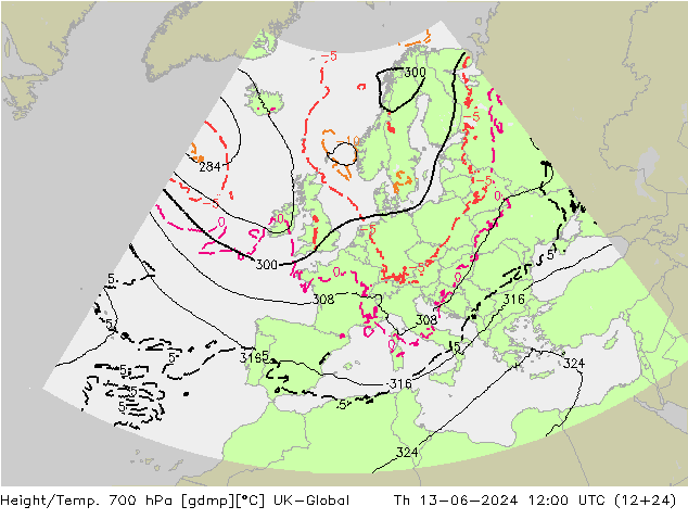 Height/Temp. 700 hPa UK-Global Th 13.06.2024 12 UTC