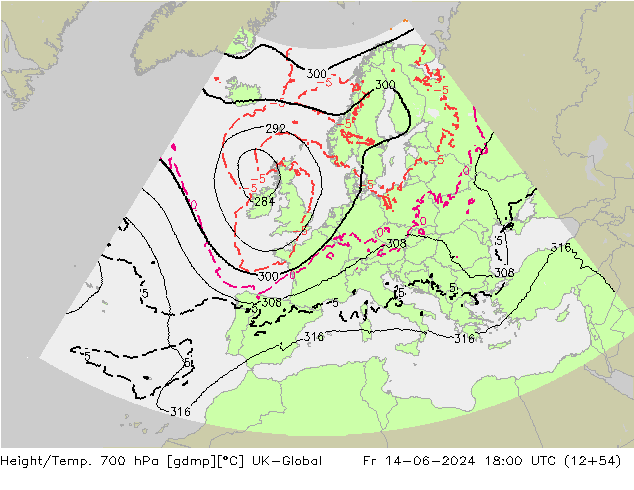 Height/Temp. 700 hPa UK-Global Fr 14.06.2024 18 UTC