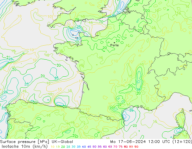 Isotachs (kph) UK-Global Po 17.06.2024 12 UTC