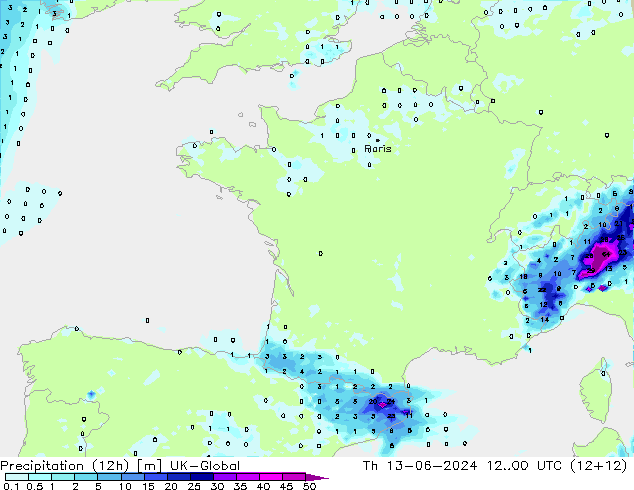 Yağış (12h) UK-Global Per 13.06.2024 00 UTC