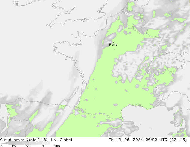 Cloud cover (total) UK-Global Th 13.06.2024 06 UTC