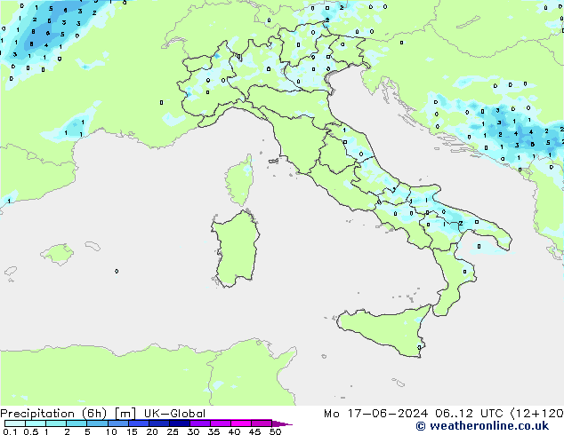 Precipitation (6h) UK-Global Mo 17.06.2024 12 UTC