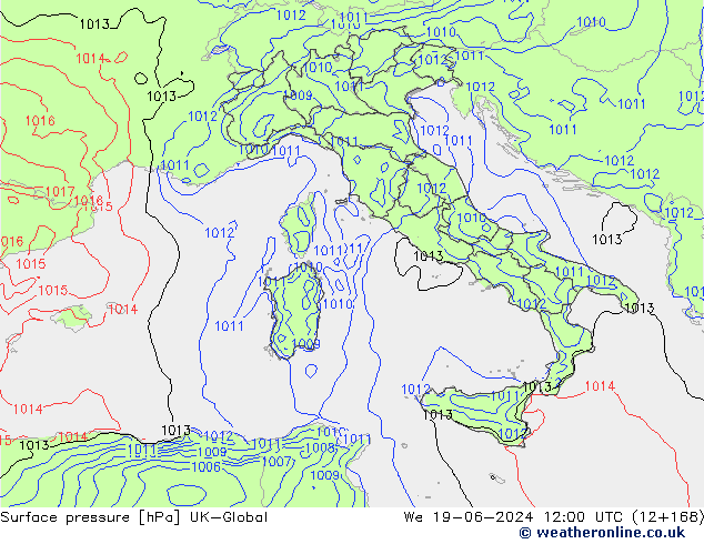 Luchtdruk (Grond) UK-Global wo 19.06.2024 12 UTC