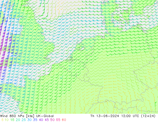 Wind 850 hPa UK-Global Th 13.06.2024 12 UTC