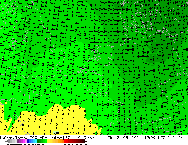 Height/Temp. 700 hPa UK-Global Th 13.06.2024 12 UTC