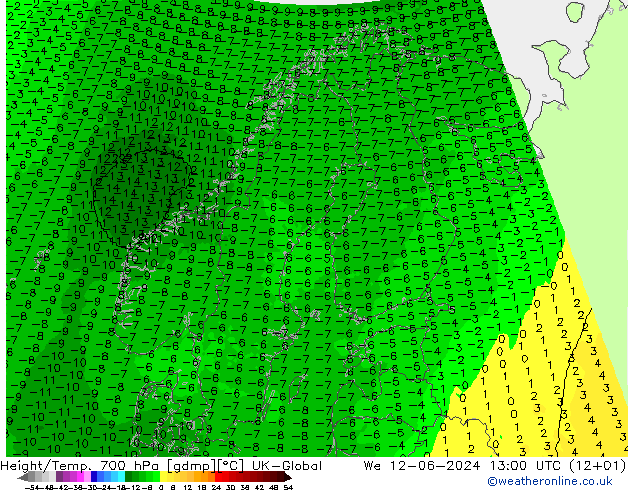 Geop./Temp. 700 hPa UK-Global mié 12.06.2024 13 UTC