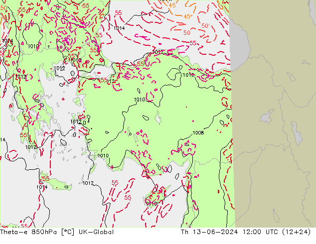 Theta-e 850hPa UK-Global Th 13.06.2024 12 UTC