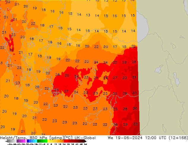 Geop./Temp. 850 hPa UK-Global mié 19.06.2024 12 UTC