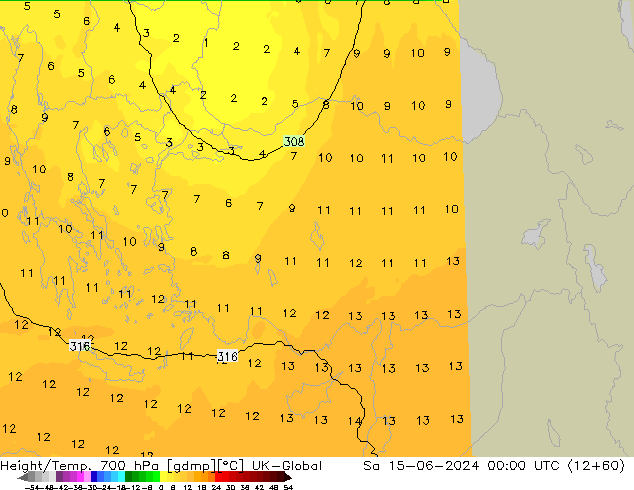 Height/Temp. 700 hPa UK-Global so. 15.06.2024 00 UTC
