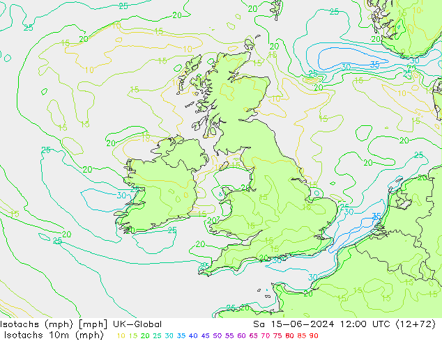 Isotachs (mph) UK-Global Sáb 15.06.2024 12 UTC