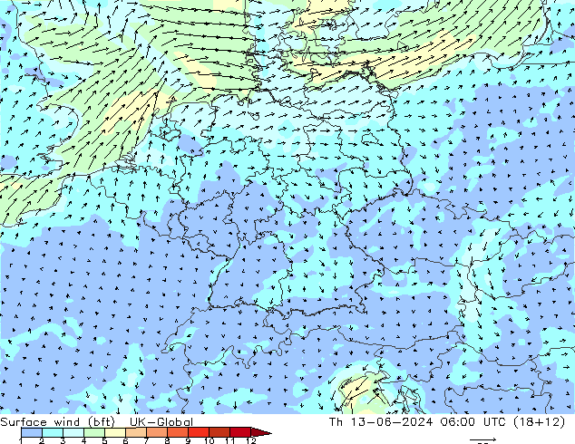 Surface wind (bft) UK-Global Th 13.06.2024 06 UTC