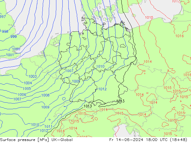 Luchtdruk (Grond) UK-Global vr 14.06.2024 18 UTC