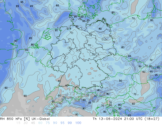 RH 850 hPa UK-Global Th 13.06.2024 21 UTC
