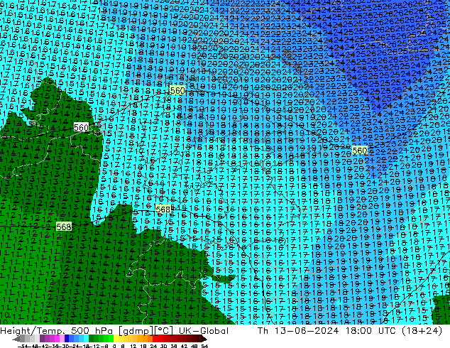 Height/Temp. 500 hPa UK-Global gio 13.06.2024 18 UTC