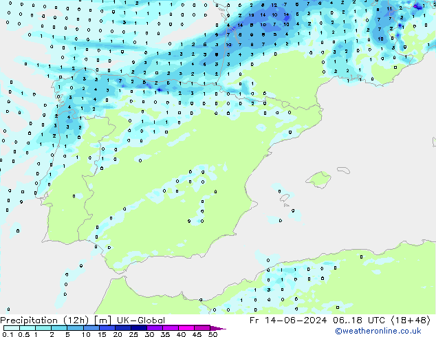 Precipitation (12h) UK-Global Pá 14.06.2024 18 UTC