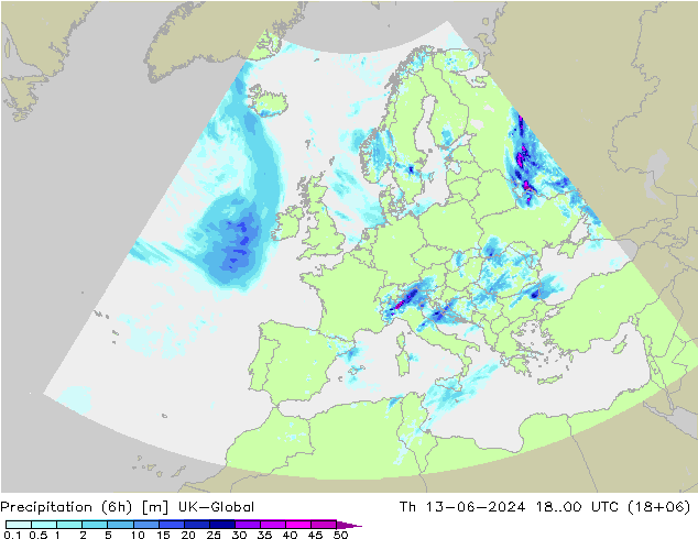 降水量 (6h) UK-Global 星期四 13.06.2024 00 UTC