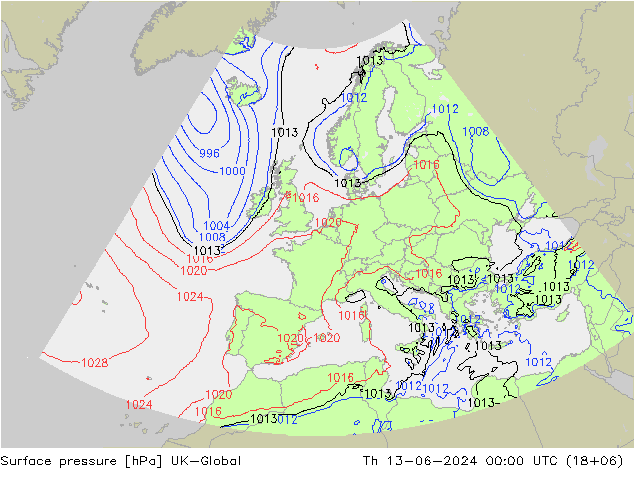 地面气压 UK-Global 星期四 13.06.2024 00 UTC