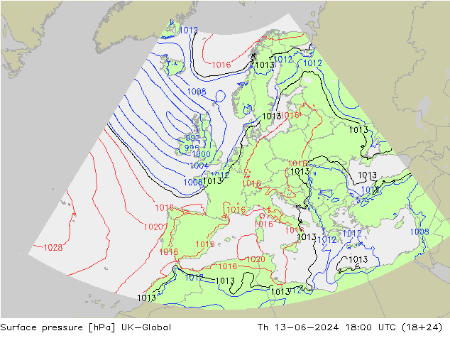 Surface pressure UK-Global Th 13.06.2024 18 UTC