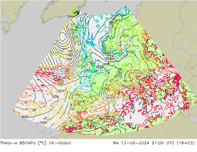 Theta-e 850hPa UK-Global We 12.06.2024 21 UTC