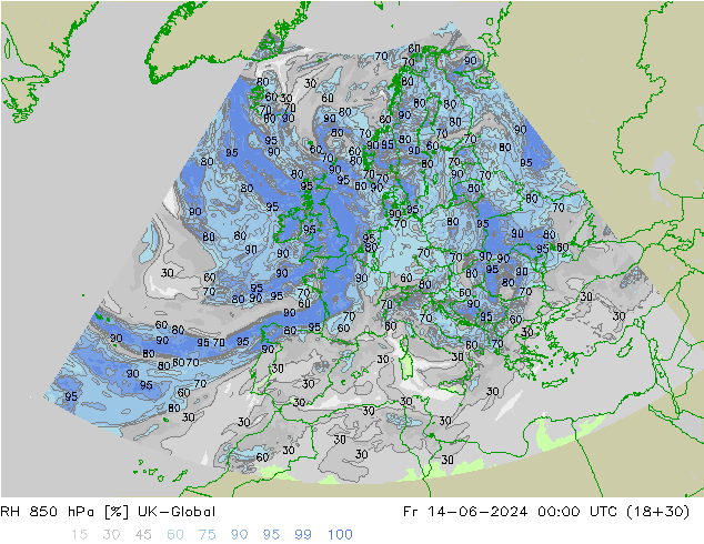 RH 850 hPa UK-Global Fr 14.06.2024 00 UTC